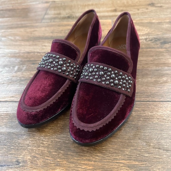 Burgundy  Franco Sarto Classic Low block Heeled Loafers with Studded Detail 7 - Picture 5 of 12